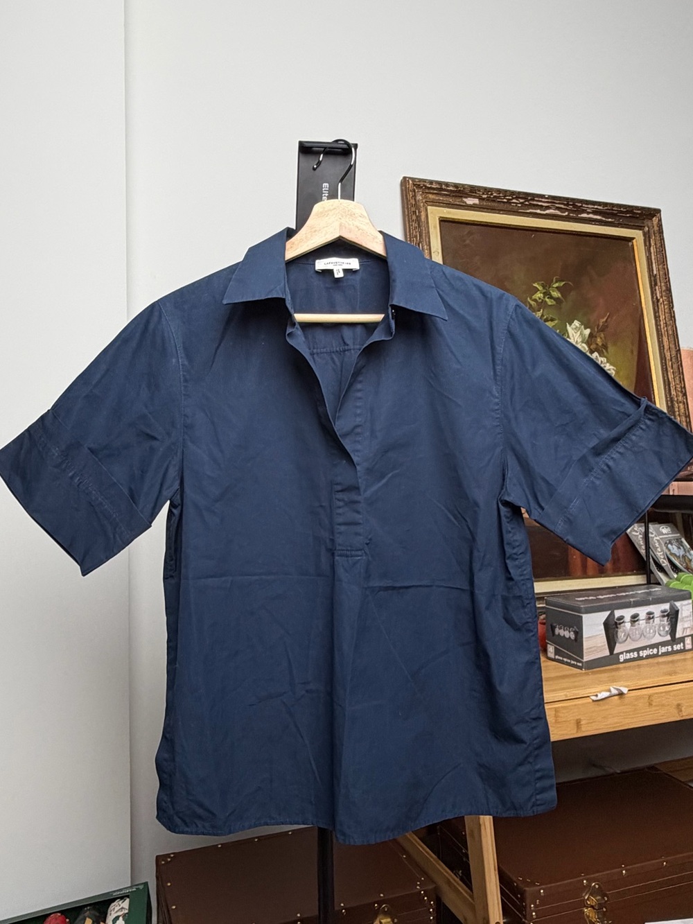 Lafayette 148 New York Short-Sleeve Navy Button-Down Shirt